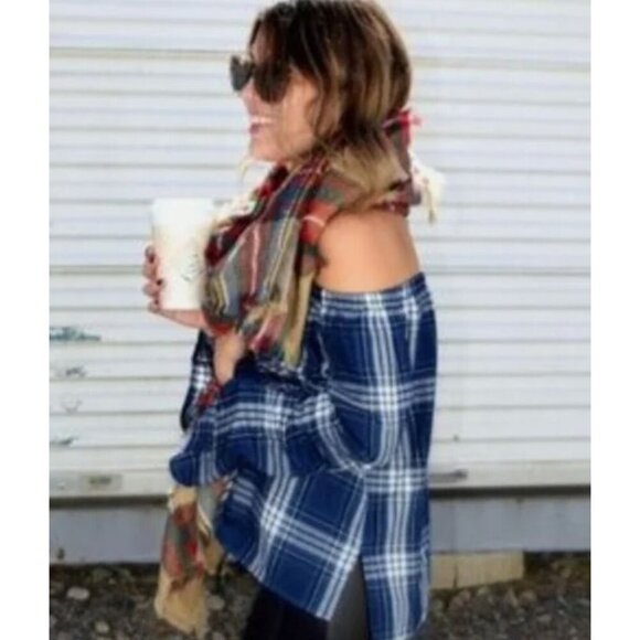 Cloth & Stone Blue Plaid Off The Shoulder Homestead Top Anthropologie Size Med‎ - Picture 2 of 10